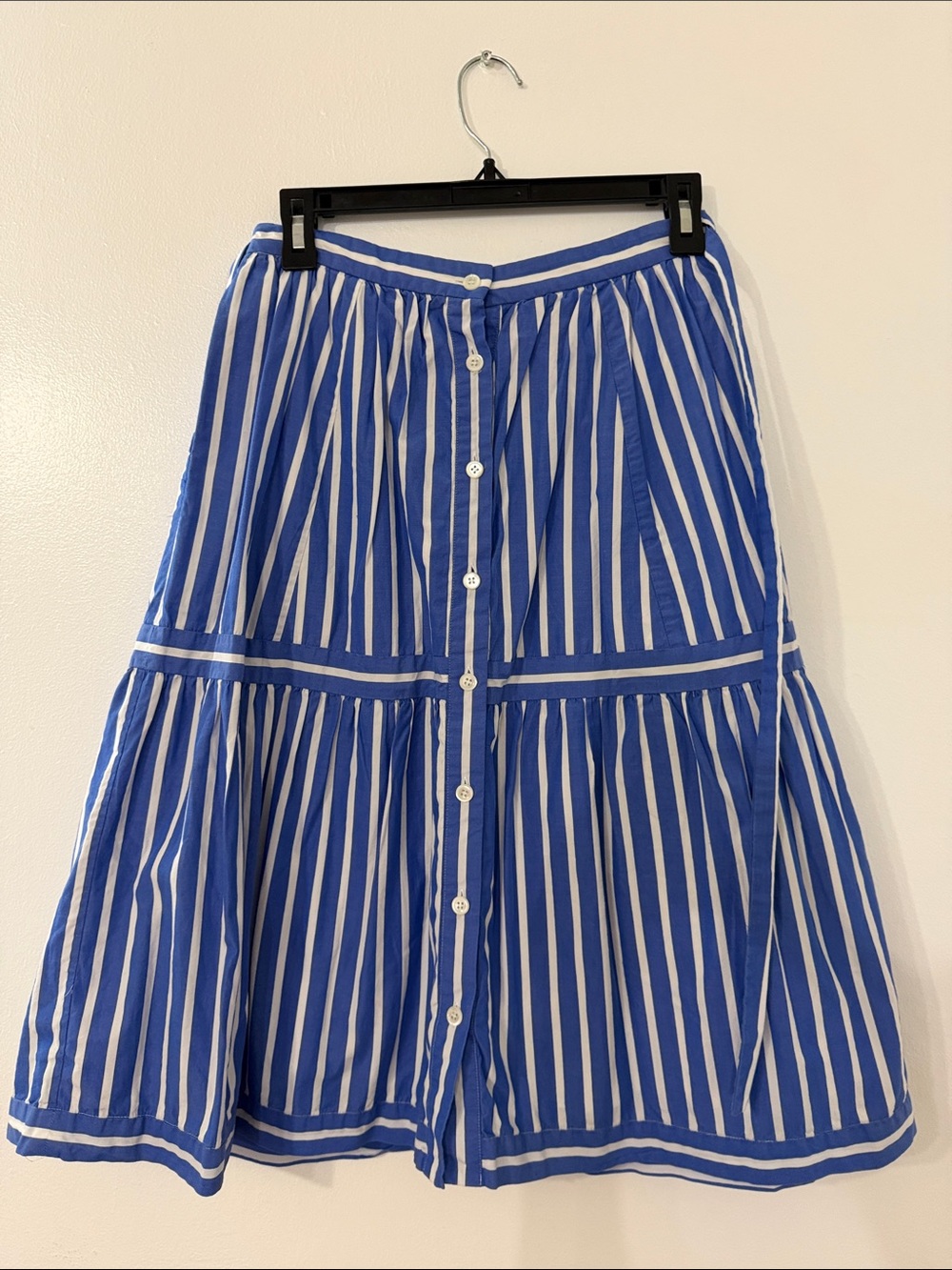 J.Crew Blue Striped Tiered Summer Midi Skirt With Pockets Belt Lined